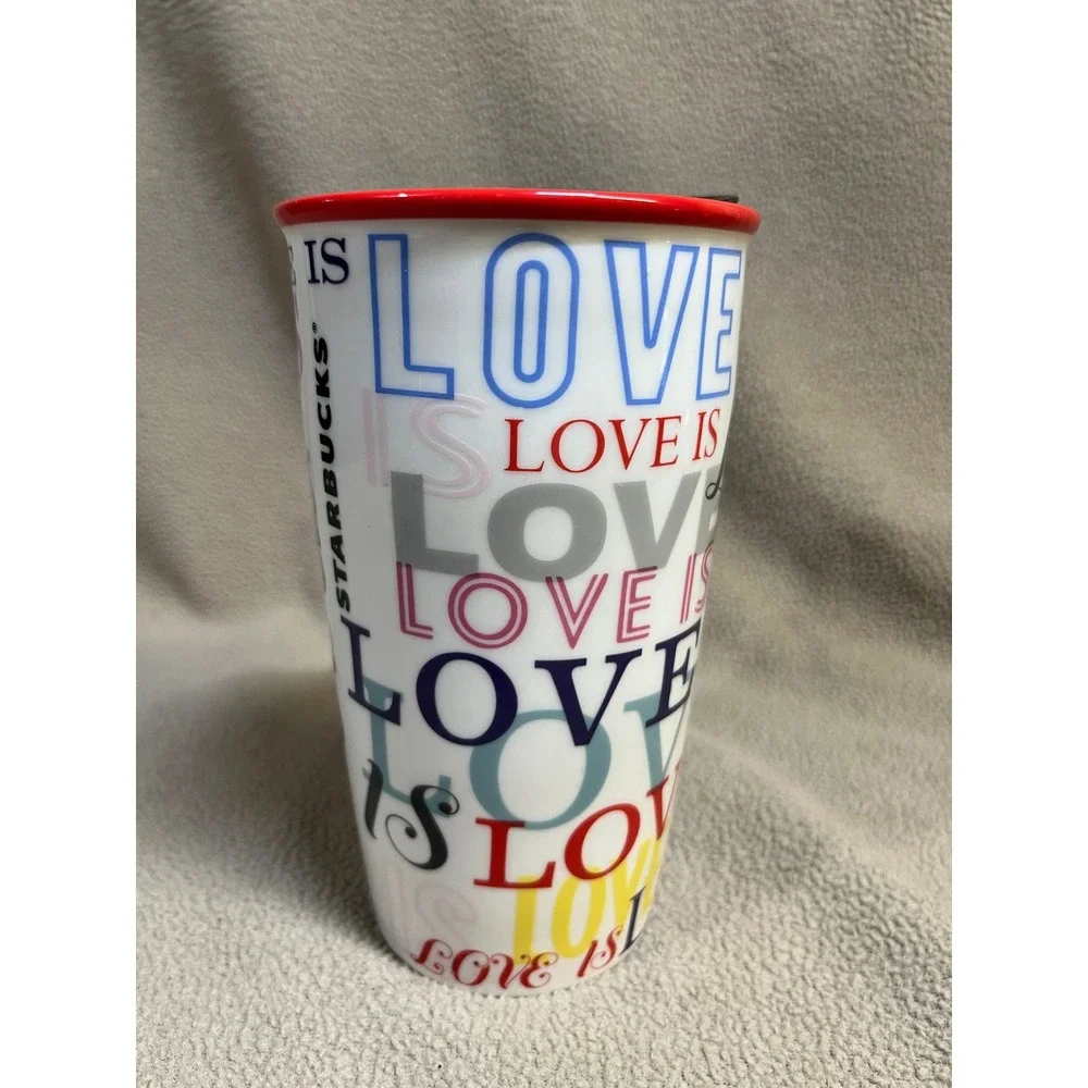 Starbucks Love Is Love Pride‎ Ceramic Travel Tumbler Mug 12oz Red Rim 2018